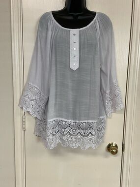 Multiples White Lace-Trim Peasant Blouse